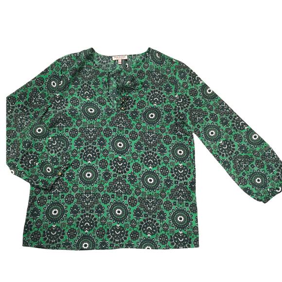 Juicy Couture Blouse Long Sleeve Green Tie Neck Top Kaleidoscope Geometric Print - Picture 1 of 9
